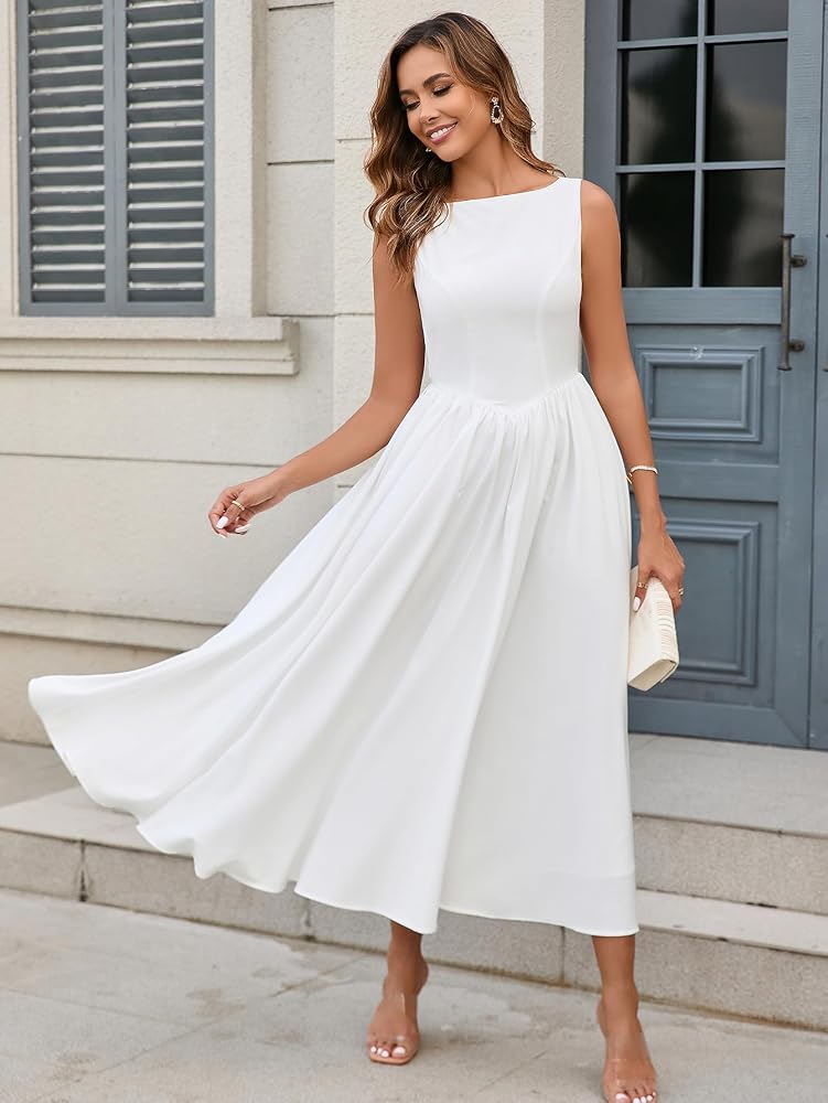Vestido blanco espalda semi abierta formal midi