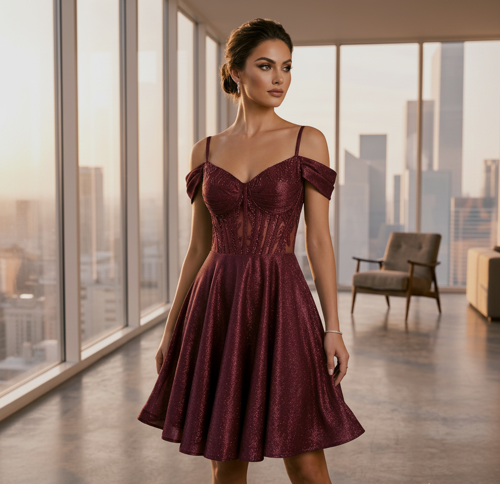 Vestido vino brillante off-the-shoulder con transparencia