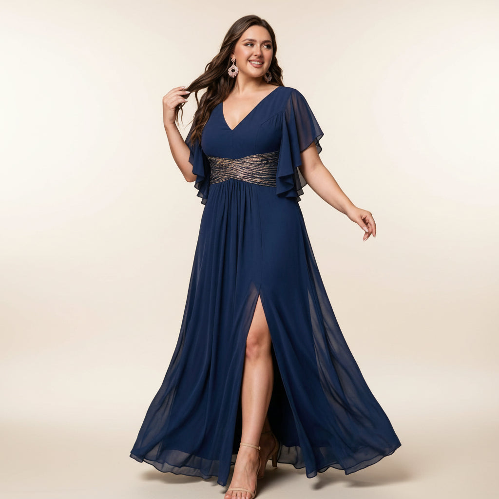 Vestido azul marino lentejuelas tornasol con abertura lateral