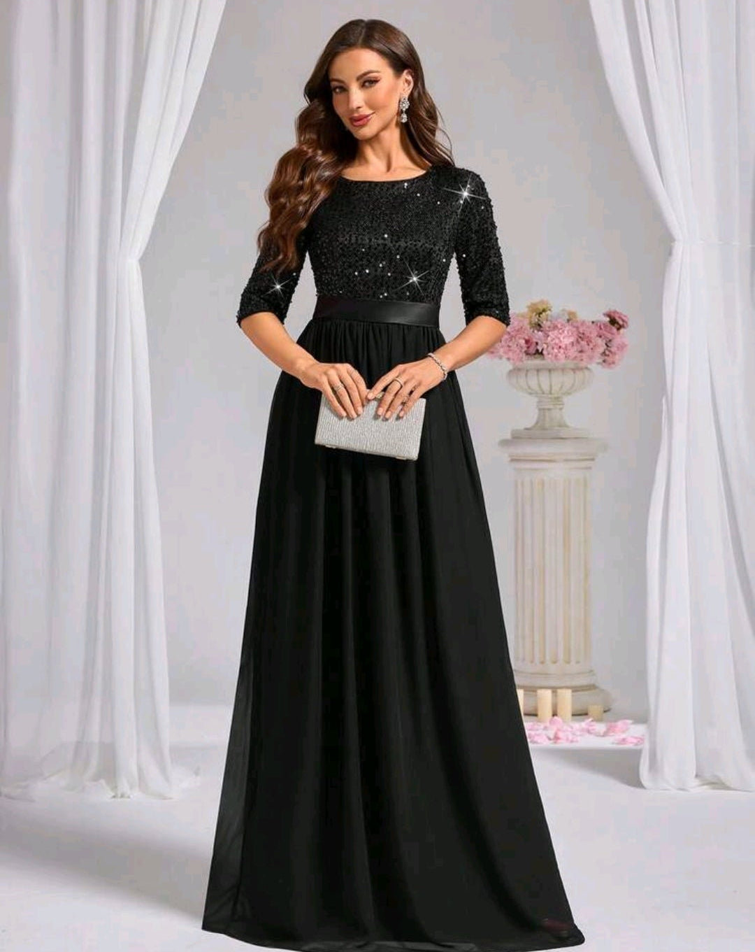 Vestido negro lentejuelas manga 3/4 y falda chiffon