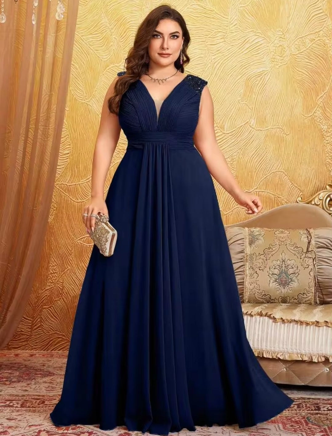 Vestido azul marino sin manga corte A con escote en V