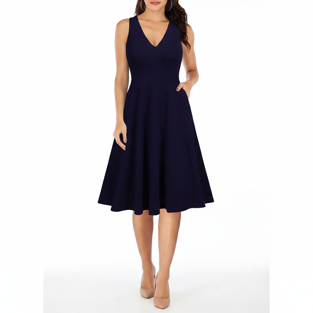 Vestido midi azul marino con escote en V y bolsas invisibles