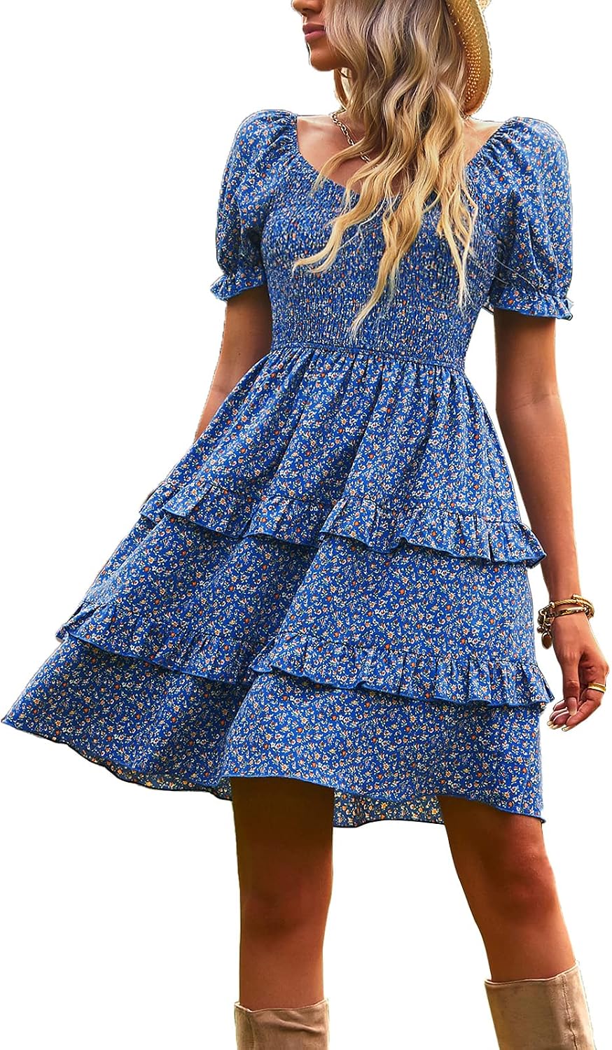 Vestido azul con flores pequeñas falda capas