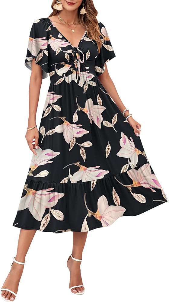 Vestido negro con estampado floral manga corta