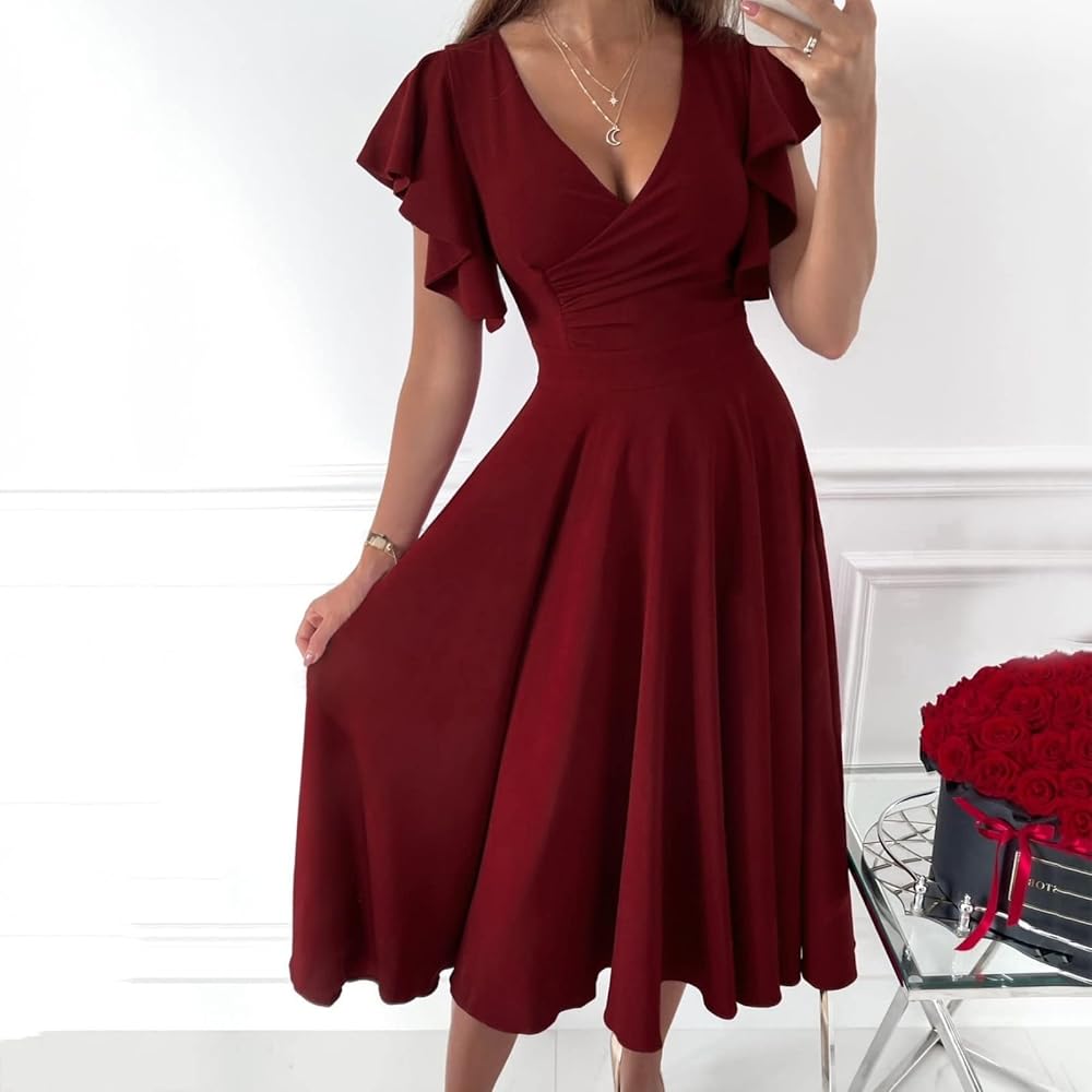 Vestido vino formal midi con escote en V
