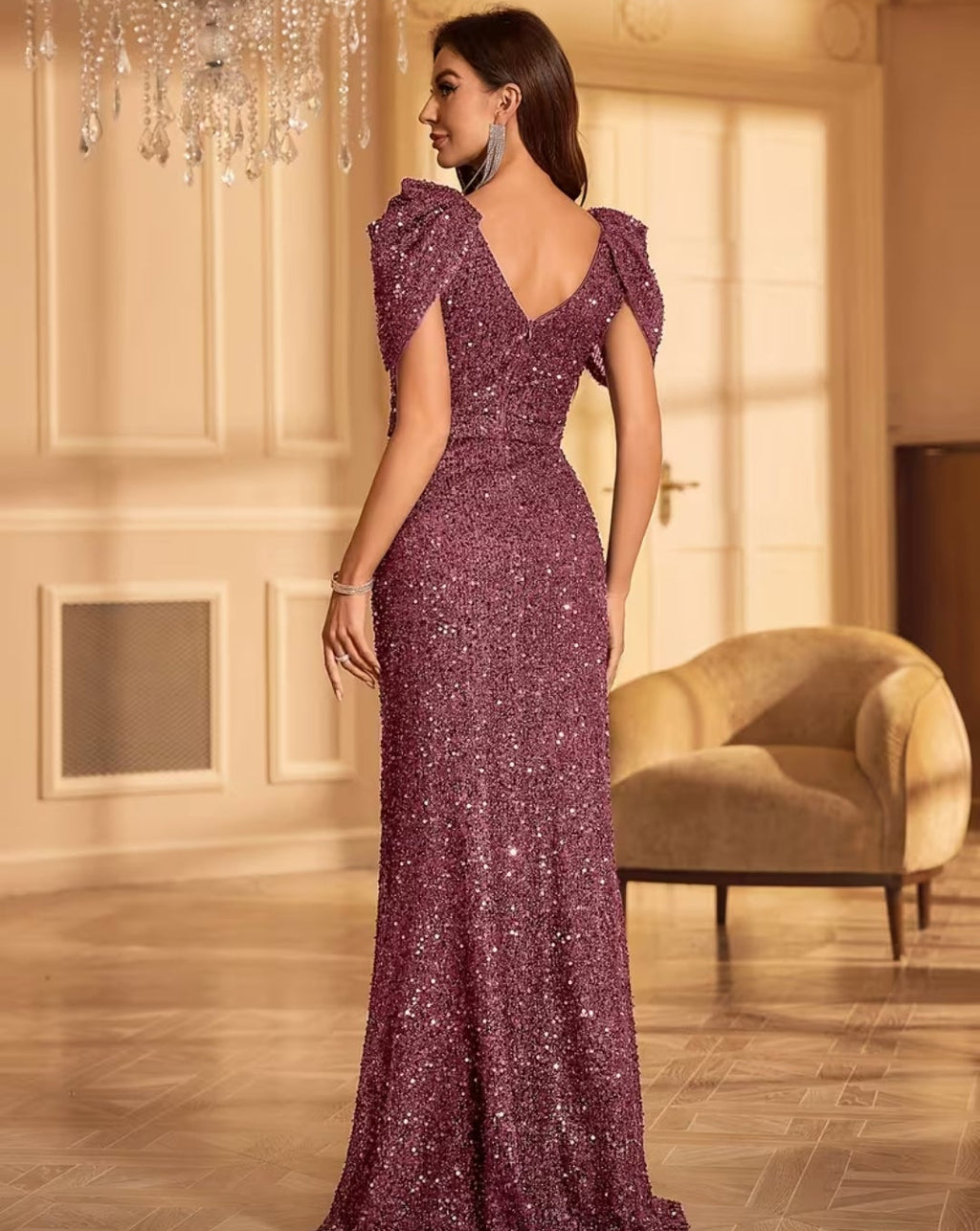 Vestido dusty pink oscuro corte recto lentejuelas