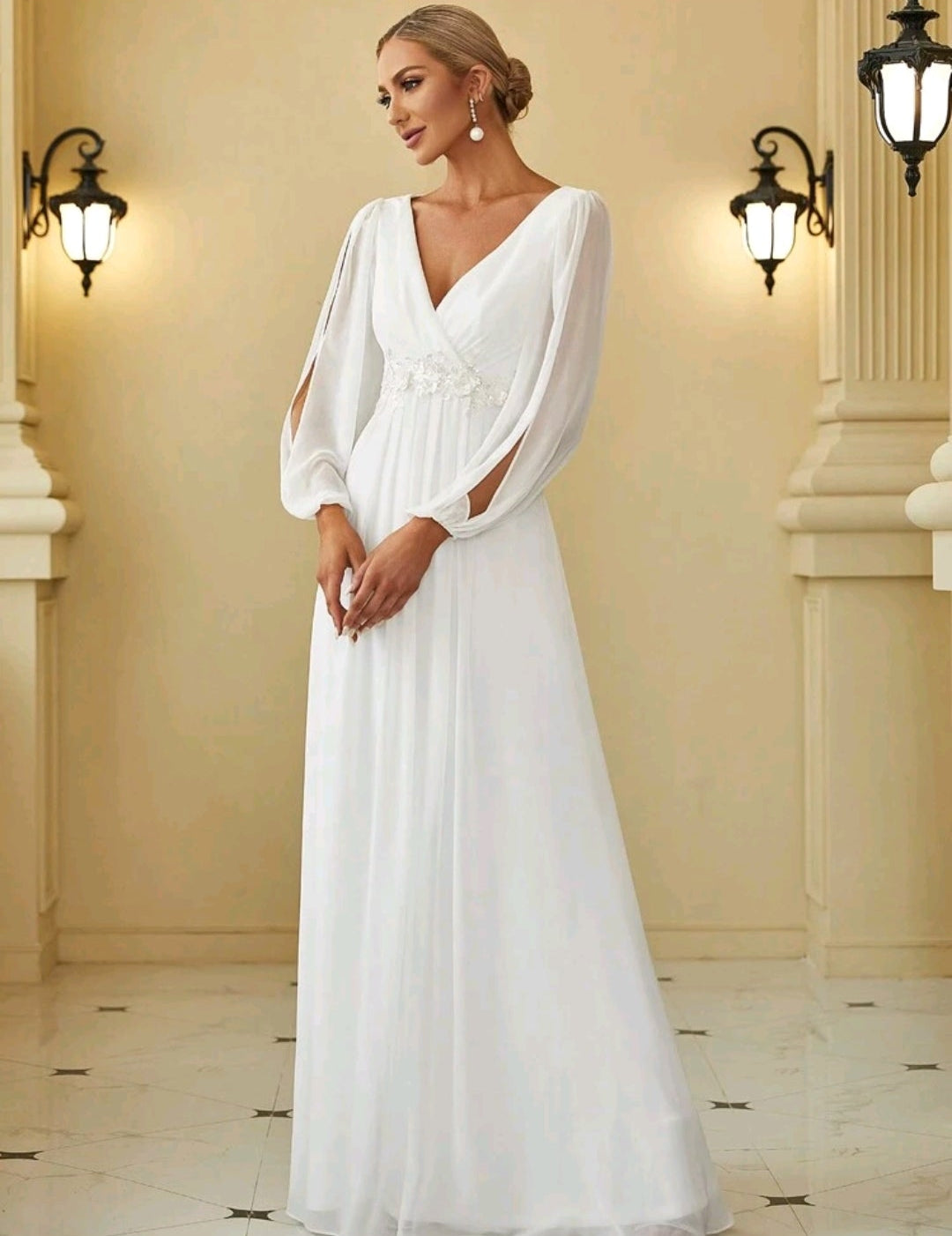 Vestido blanco manga larga corte A con escote en V
