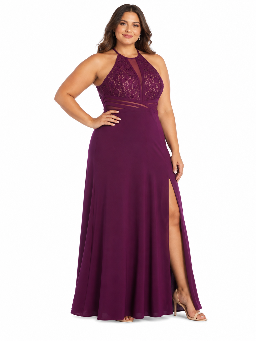 Vestido mangenta oscuro cuello alto encaje lentejuelas y falda stretch