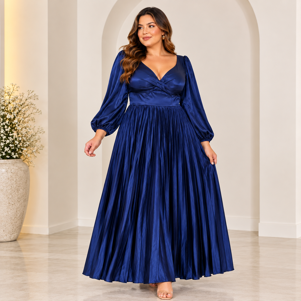 Vestido azul marino satinado falda plisada con corsé ajustable