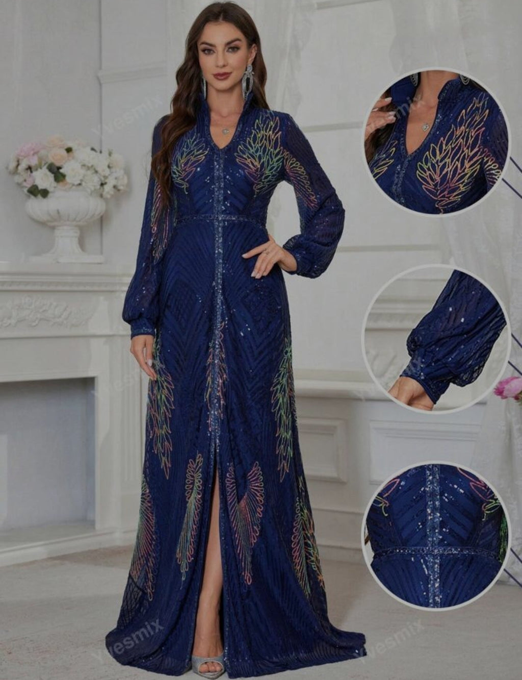 Vestido lentejuelas azul y tornasol manga larga