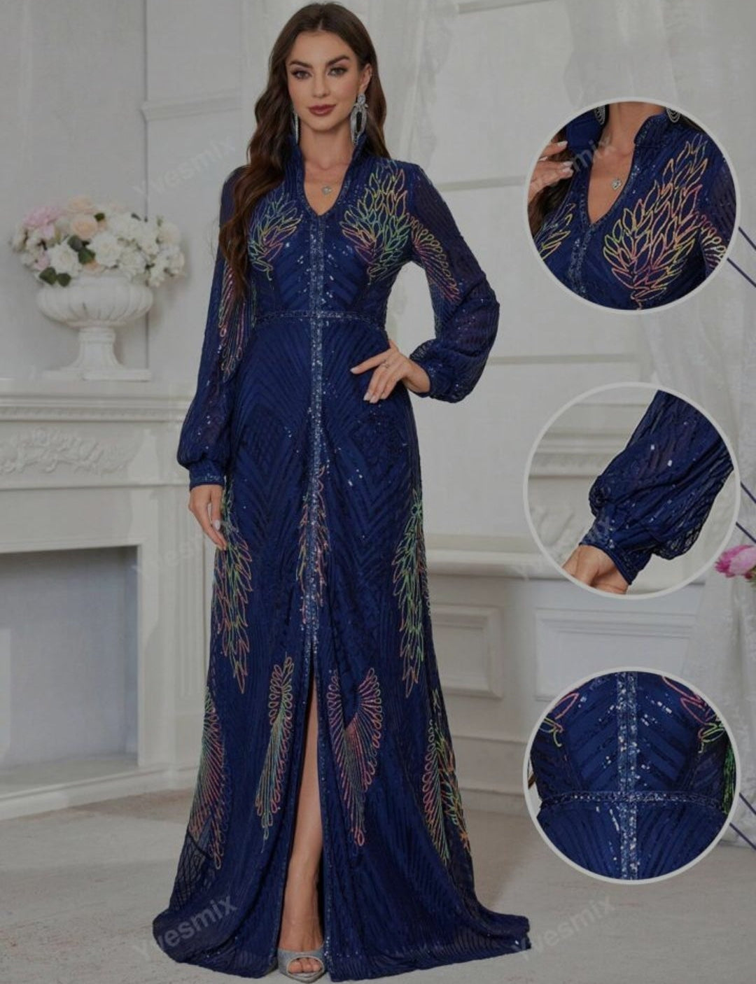 Vestido lentejuelas azul y tornasol manga larga