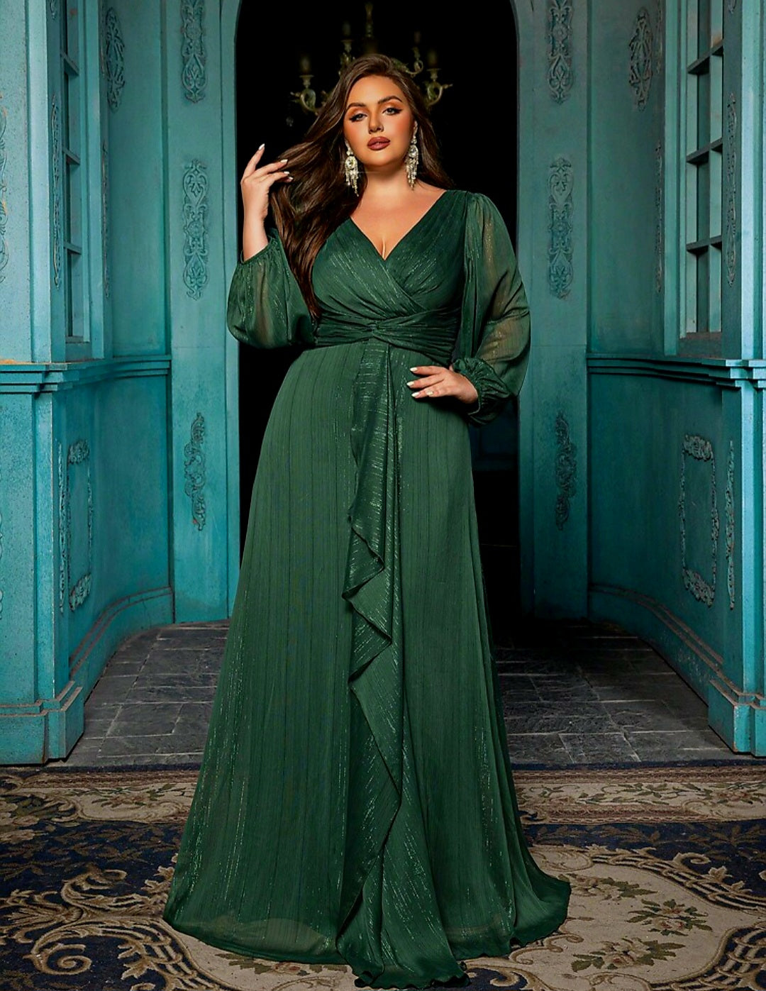 Vestido verde esmeralda manga larga con brillo corte A