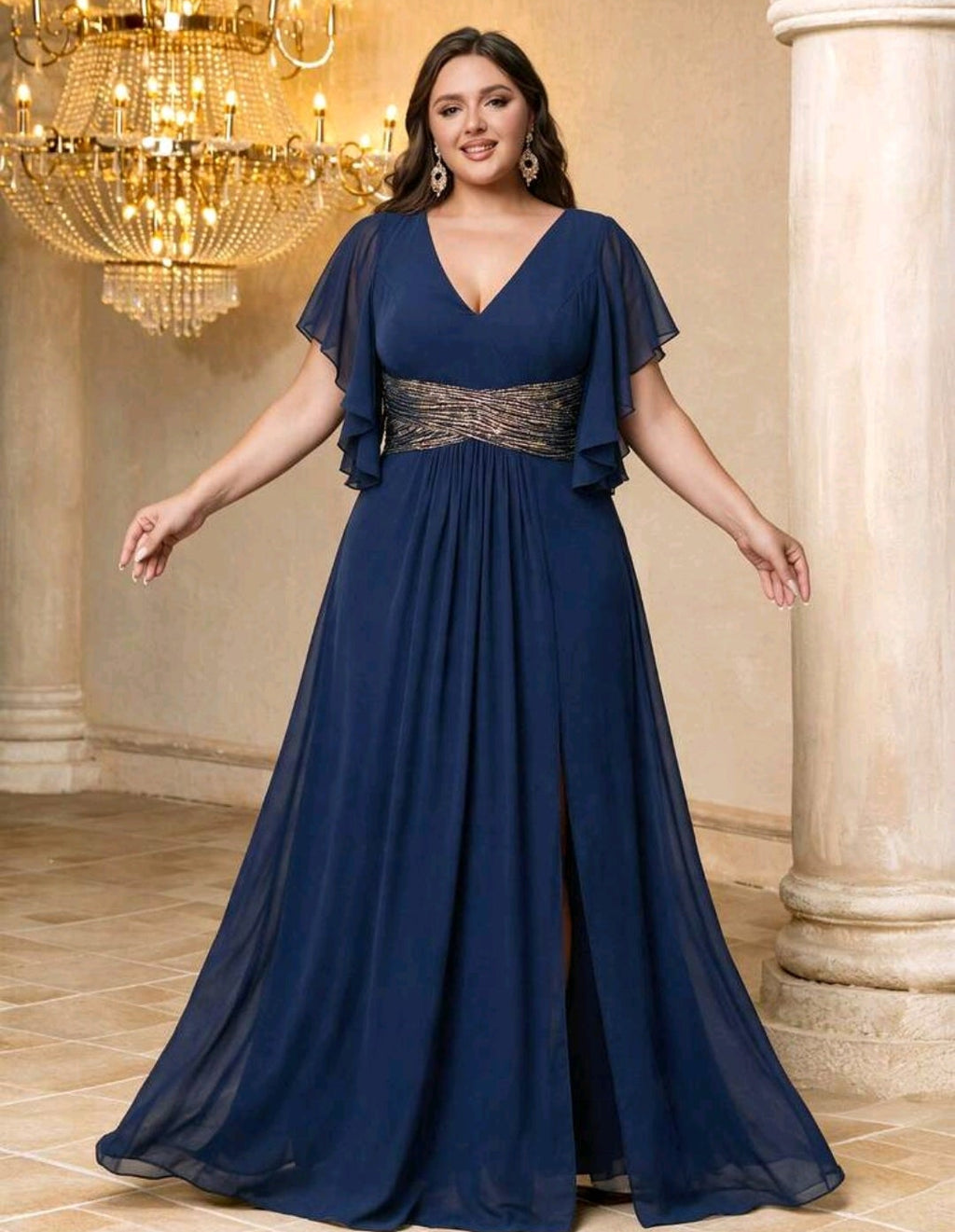 Vestido azul marino lentejuelas tornasol con abertura lateral