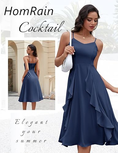 Vestido azul oscuro tirante delgado corte A formal midi