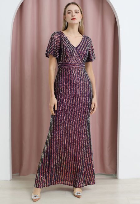 Vestido de líneas verticales de lentejuelas multi-tonales manga corta