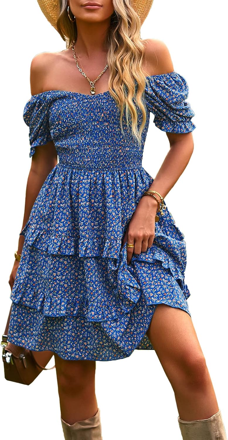 Vestido azul con flores pequeñas falda capas