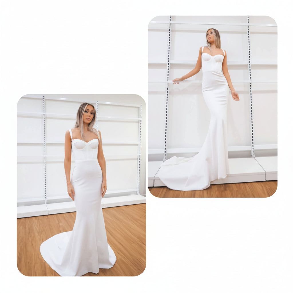 Vestido blanco con escote corazón corte sirena