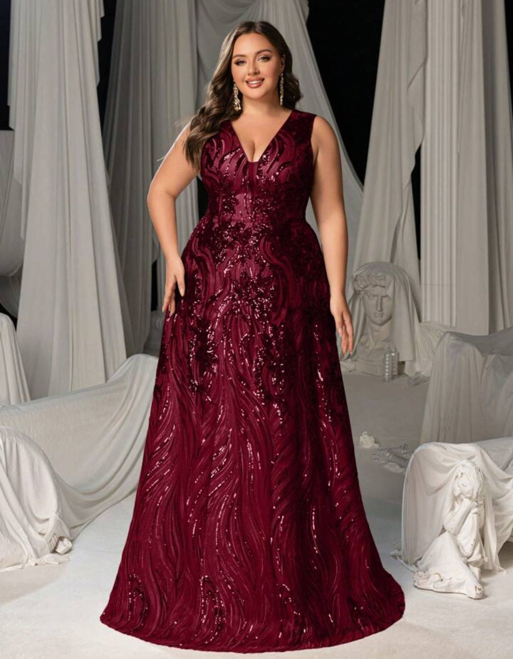 Vestido vino lentejuelas escote en V