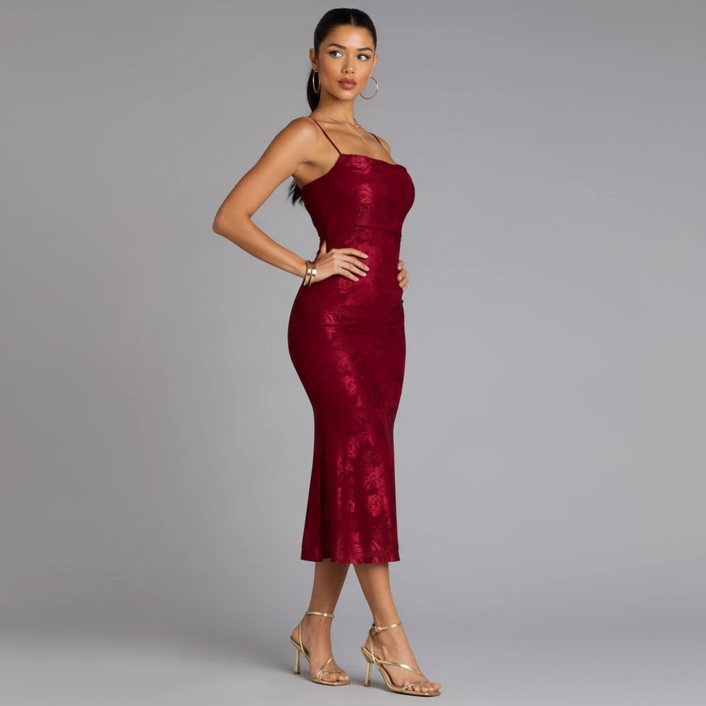Vestido vino midi encaje stretch