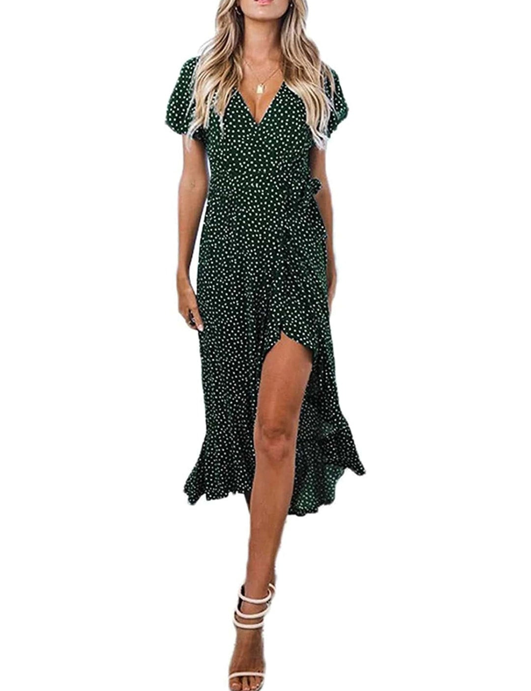 Vestido traslapado verde oscuro lunares blancos