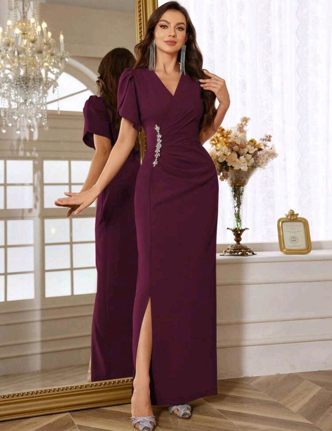 Vestido mangenta oscuro formal manga corta