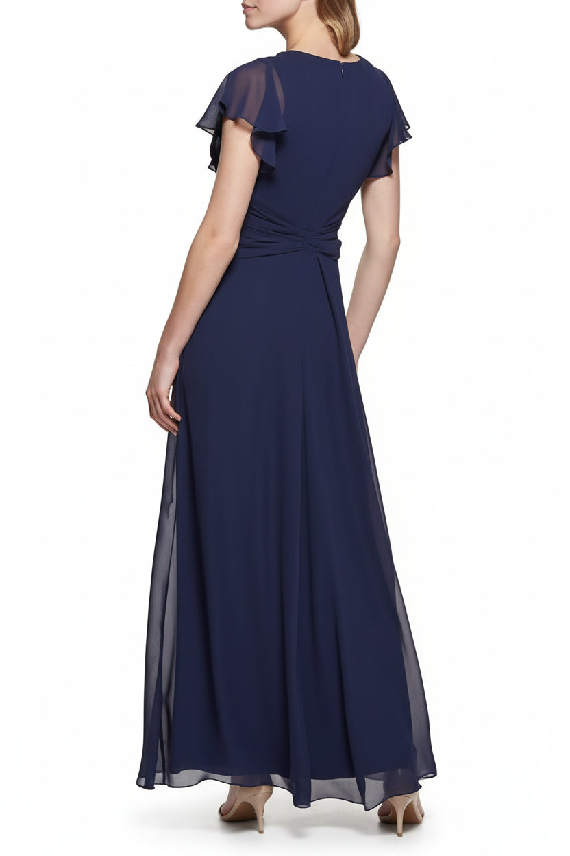 Vestido azul marino cuello V con pedrería