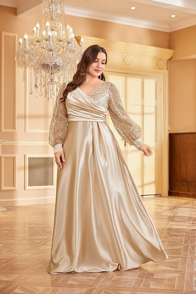 Vestido dorado champán manga larga de lentejuelas corte A