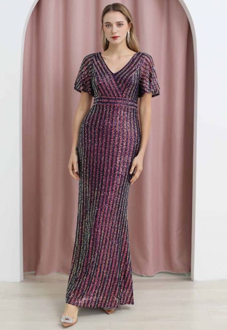 Vestido de líneas verticales de lentejuelas multi-tonales manga corta