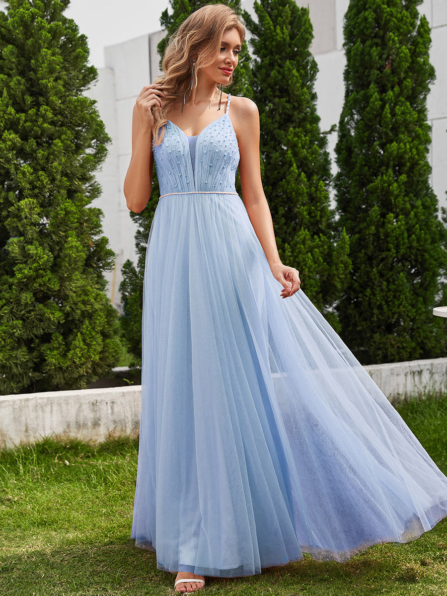 Vestido dusty blue corte A tul