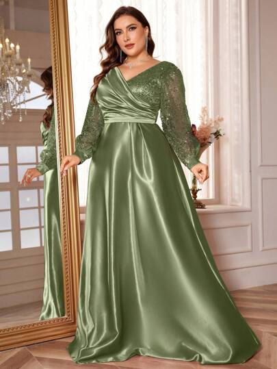 Vestido verde oliva satinado manga larga lentejuelas corte A