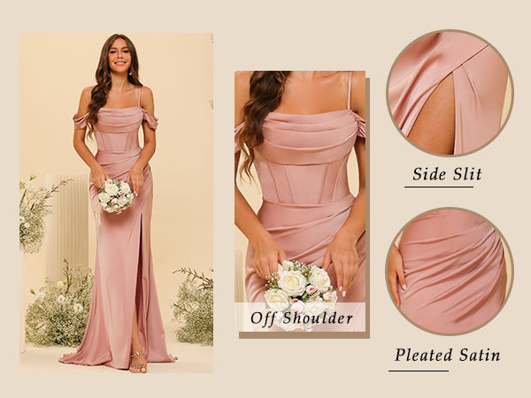Vestido palo rosa off-the-shoulder satinado con abertura lateral