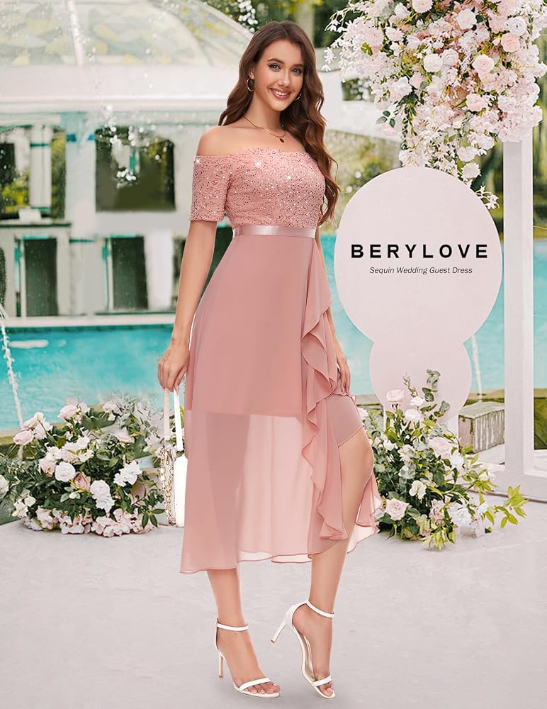 Vestido palo rosa encaje y lentejuelas falda chiffon off-the-shoulder