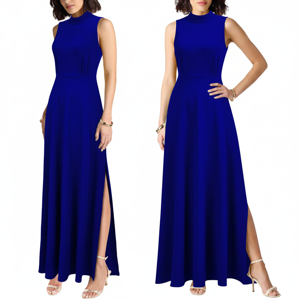 Vestido azul rey cuello alto sin manga