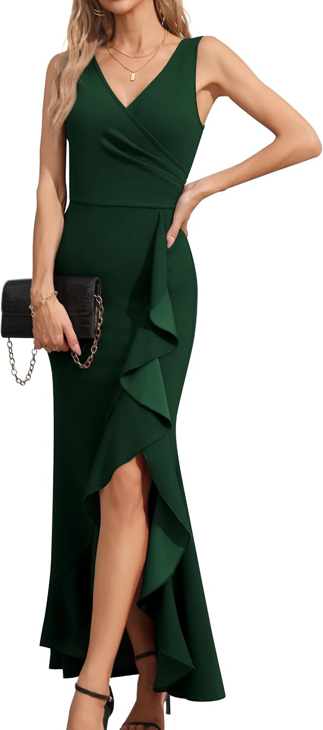 Vestido verde oscuro con escote en V sin manga