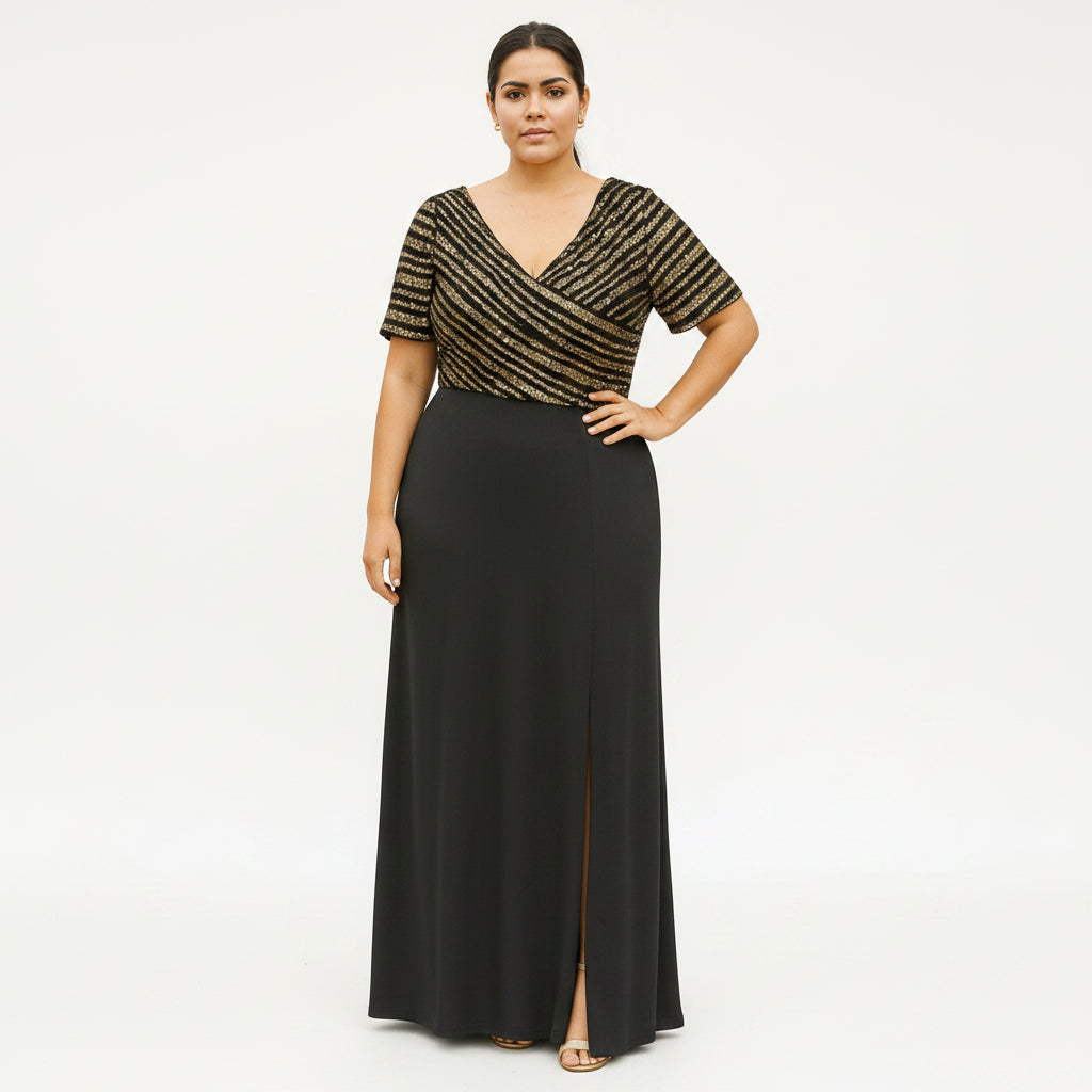 Vestido negro con dorado lentejuelas manga corta
