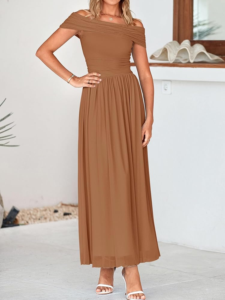 Vestido café off-the-shoulder corte A