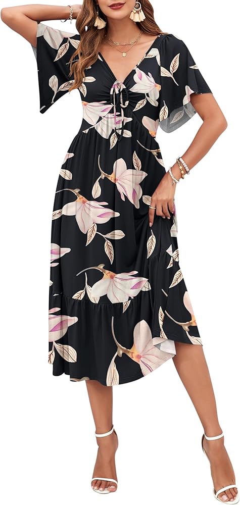 Vestido negro con estampado floral manga corta