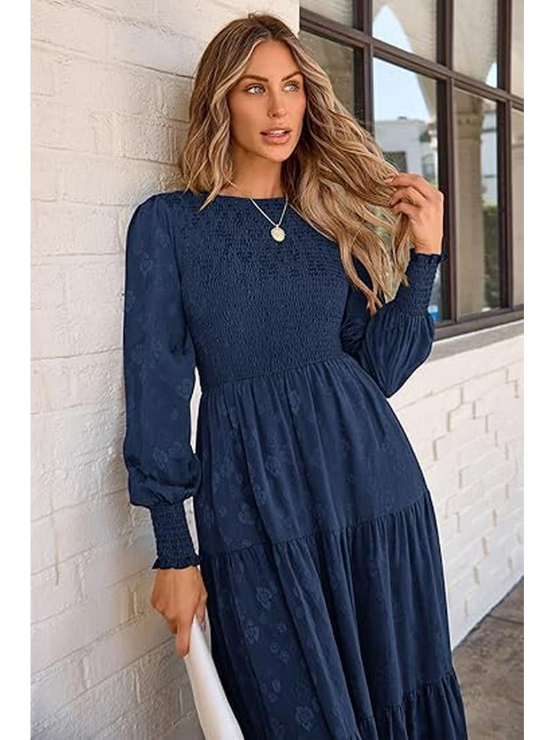 Vestido semi formal azul marino manga larga