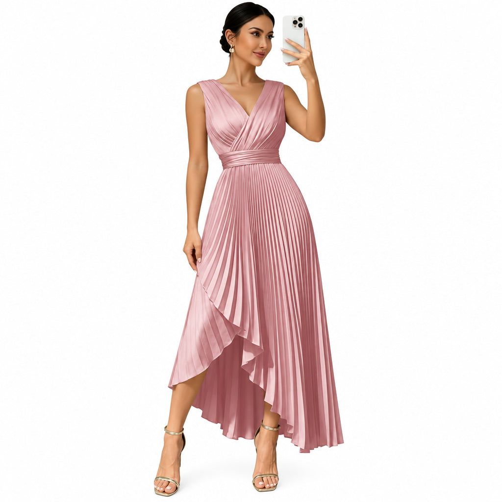 Vestido palo rosa satinado plisado asimétrico