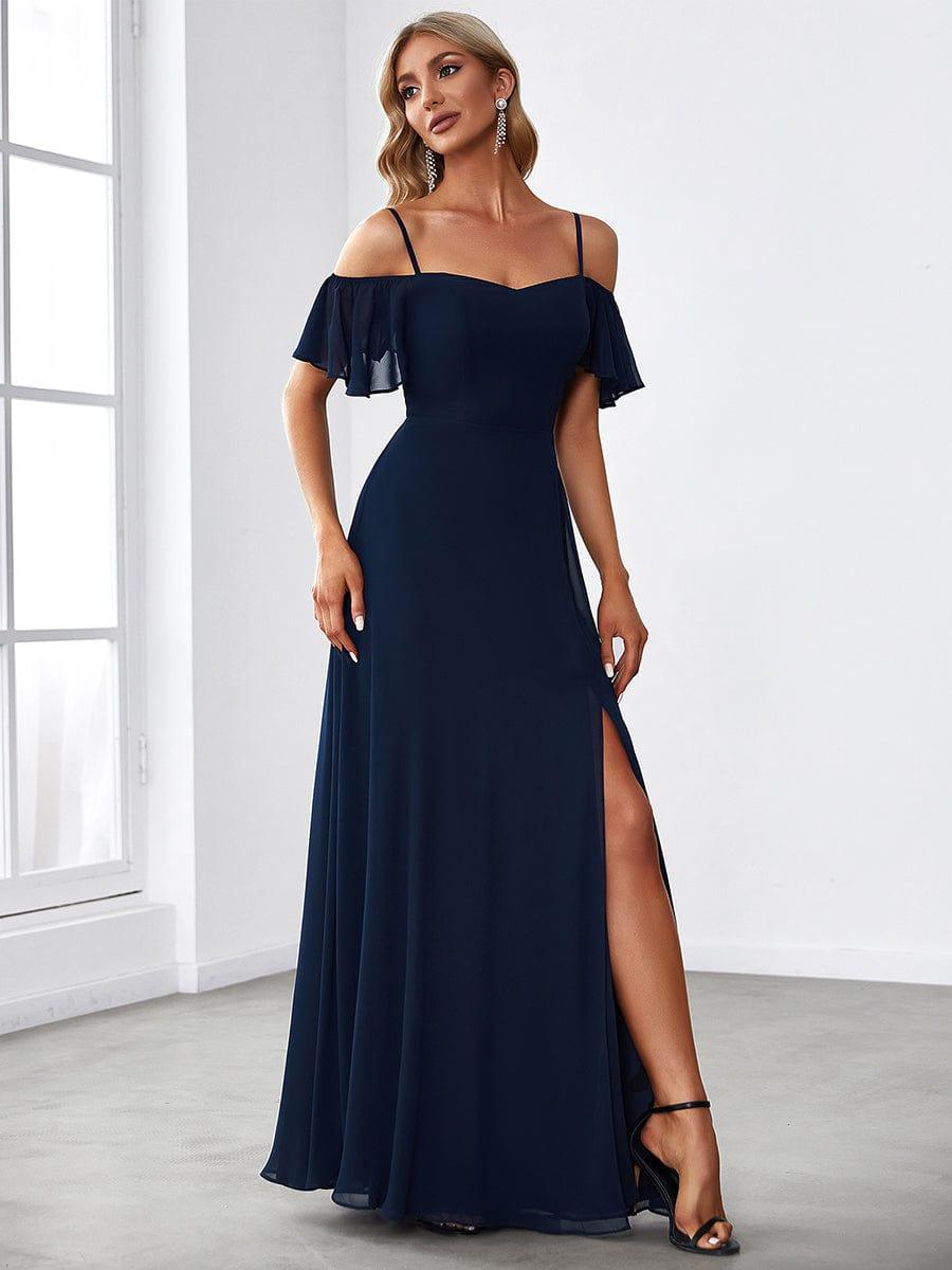Vestido azul marino manga off-the-shoulder corte A