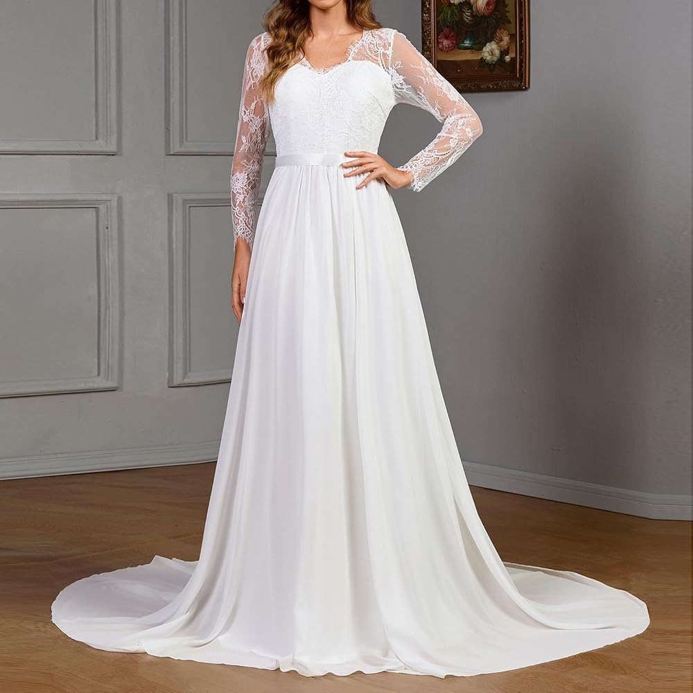 Vestido blanco manga larga encaje y falda chiffon