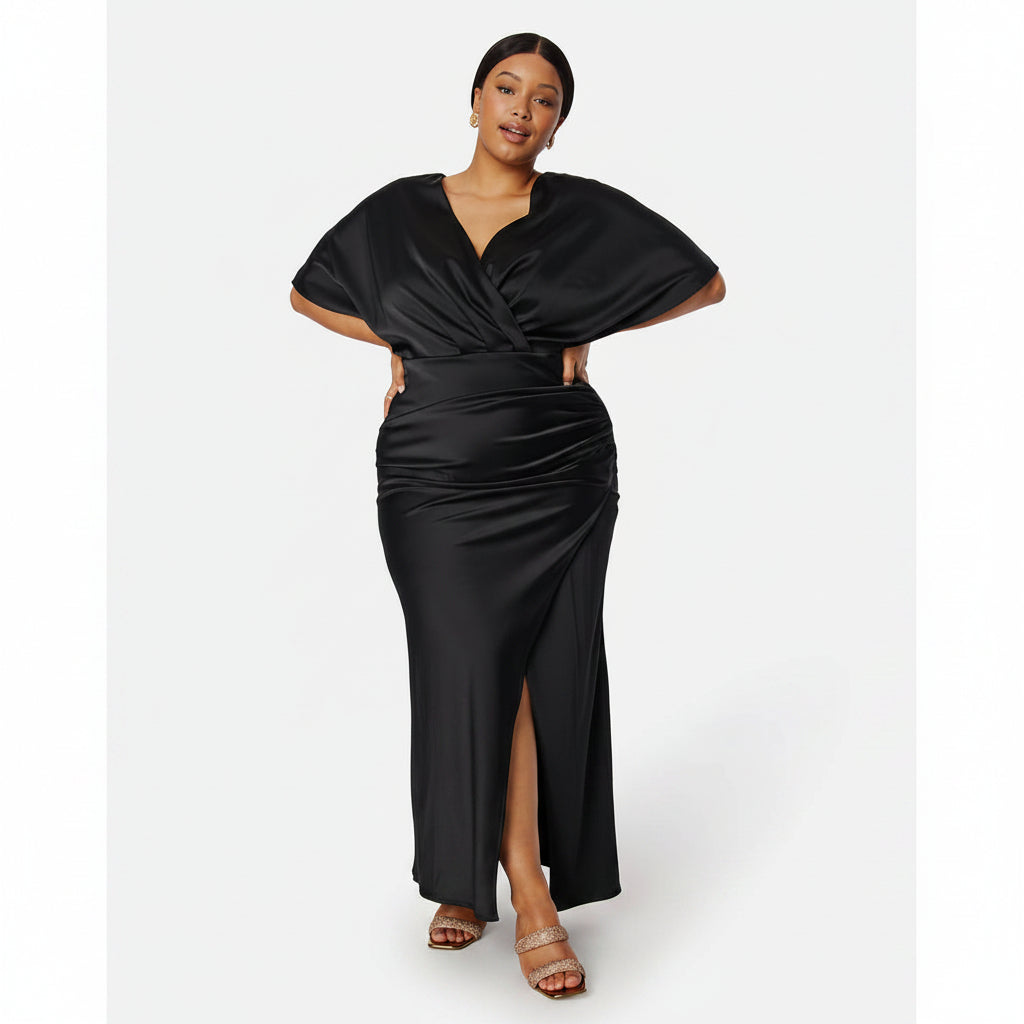 Vestido negro satinado manga corta