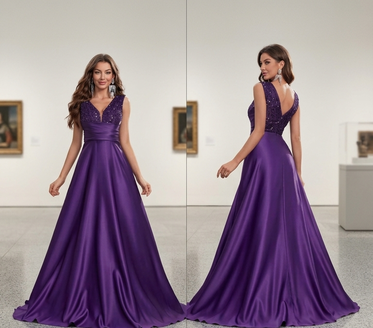 Vestido morado lentejuelas y falda satin corte A
