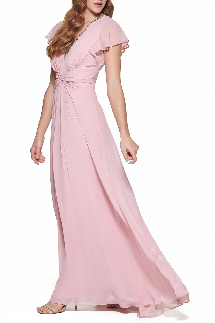 Vestido palo rosa formal con pedrería cuello V