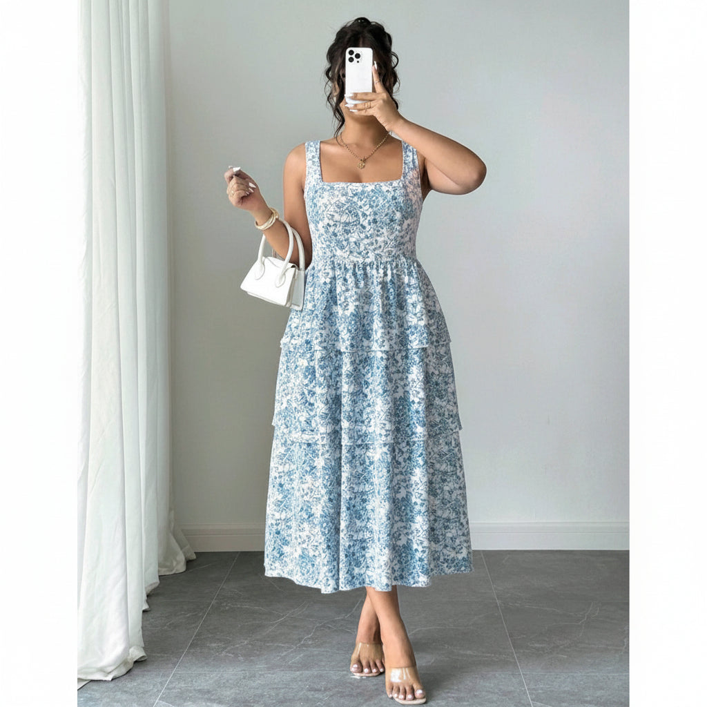 Vestido con flores celestes y largo en capas