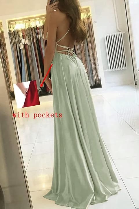 Vestido celeste satinado espalda abierta bolsas invisibles