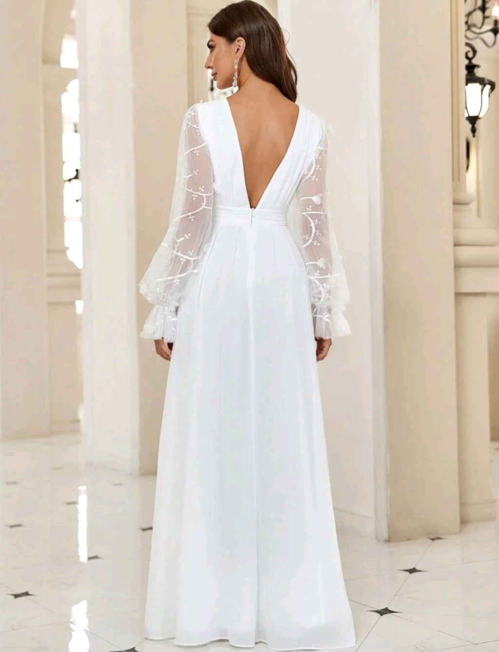 Vestido de Novia/Formal A-Line con Escote en V y Mangas de Gasa Bordadas