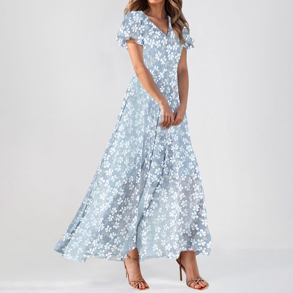 Vestido celeste con estampado floral blanco y gris