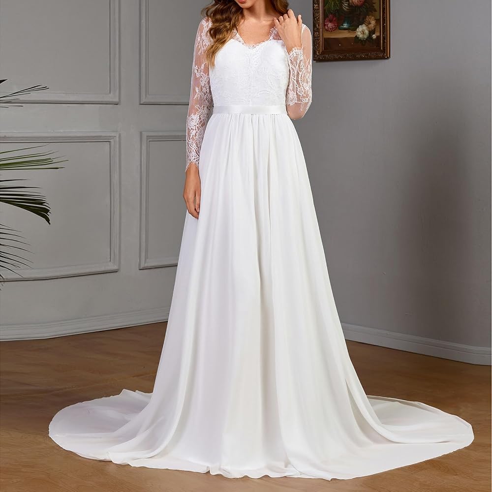 Vestido blanco manga larga encaje y falda chiffon