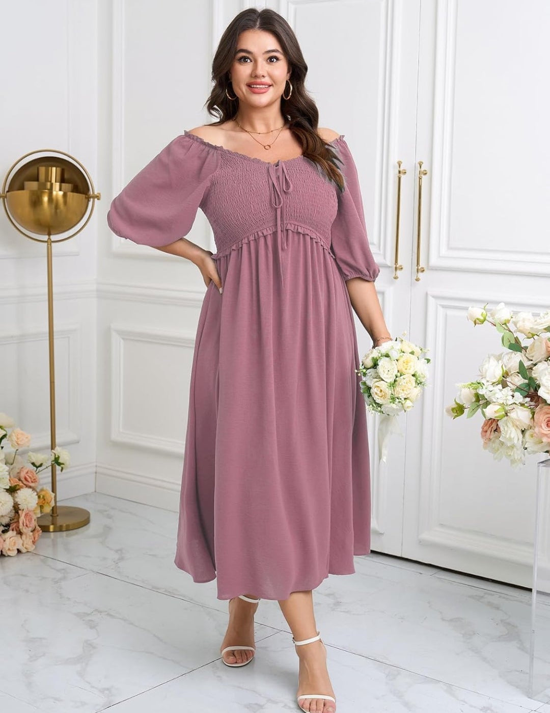 Vestido palo rosa oscuro manga 3/4 corte A
